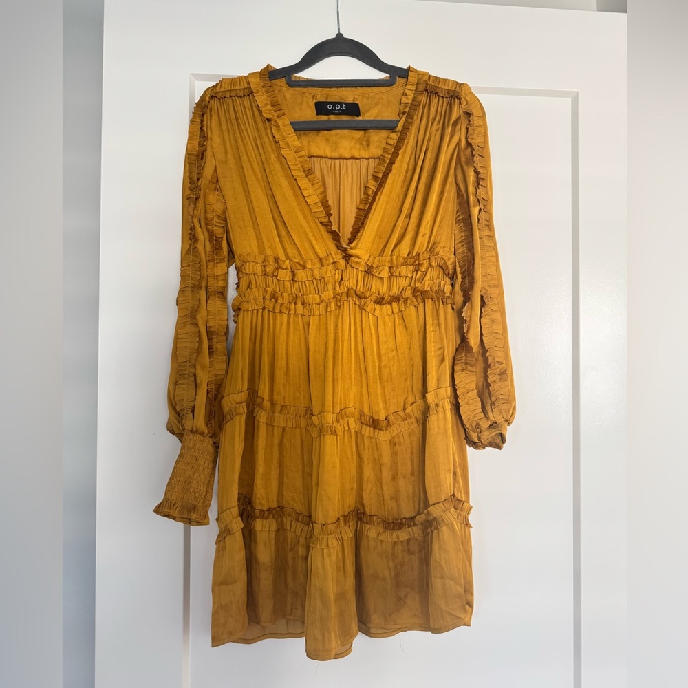 Yellow Plunge Neck Ruched Sundress with Bishop Sleeves
